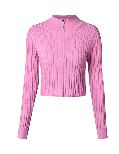 Fashion Pink Twist Knit Half-zip Sweater