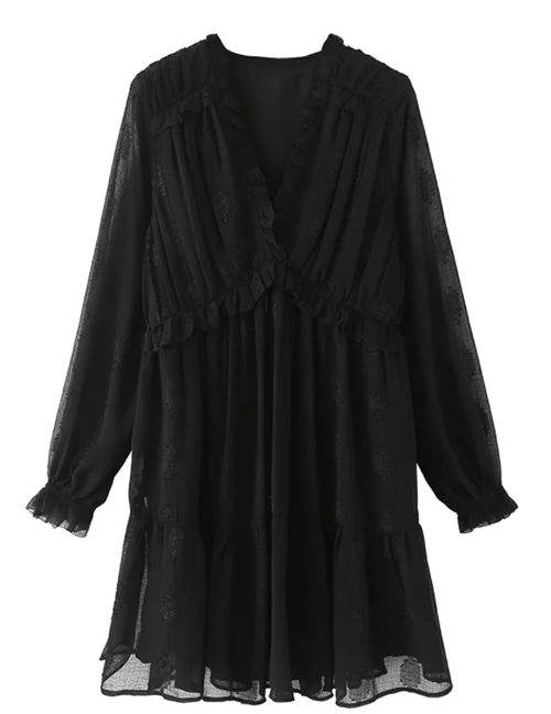 Fashion Black Layered Jacquard V-neck Dress