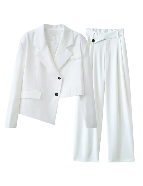 Fashion White Solid Color Lapel Irregular Jacket Straight Leg Pants Set