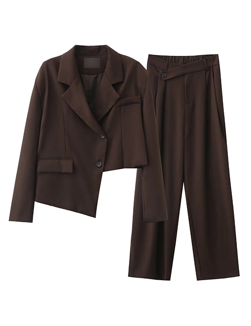 Fashion Brown Solid Color Lapel Irregular Jacket Straight Leg Pants Set