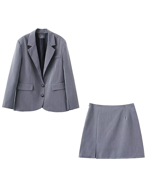 Fashion Flecking Gray Blazer Skirt Set With Lapel Breasted Pockets