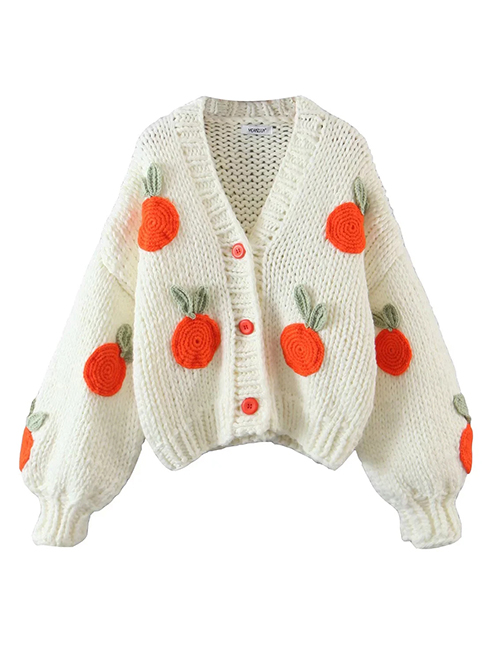Fashion Creamy-white Acrylic Orange Embroidered Button-down Cardigan Jacket