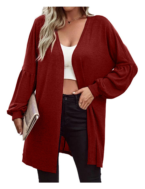 Fashion Claret Solid Color Knitted Cardigan Coat