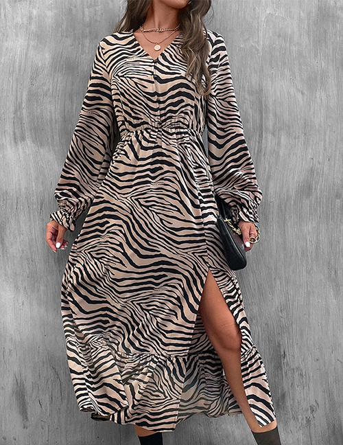 Fashion Khaki Zebra Print Slit Dress