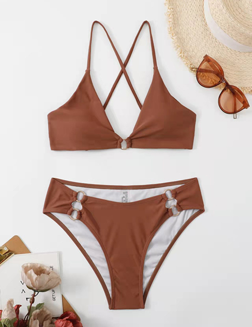 Fashion Brown Polyester Back Cross Split Swimsuit