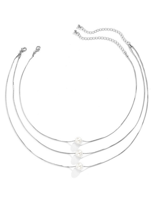 Fashion #1 Silver Solid Copper Geometric Pearl Multilayer Necklace