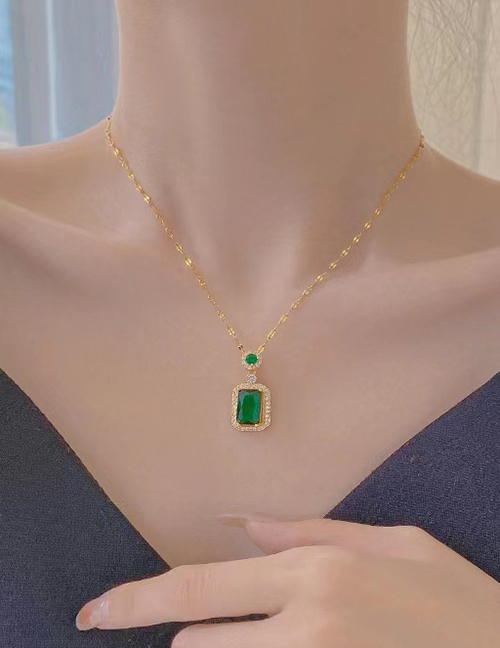 Fashion Emerald Necklace Titanium Steel Set Square Zirconium Necklace