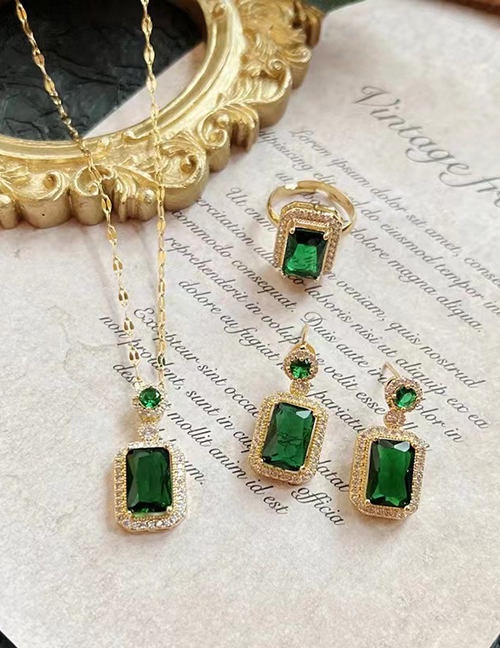 Fashion Emerald Suit [copper] Bronze Square Zirconium Ring Drop Earrings Necklace Set