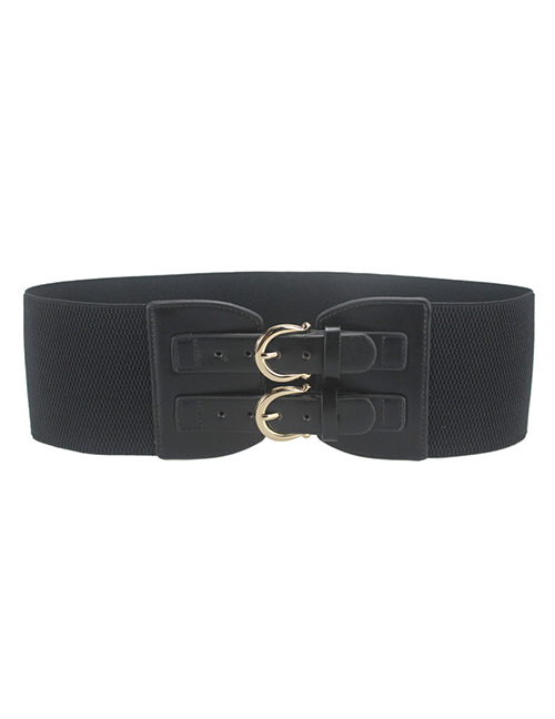 Fashion Black Faux Leather Double Pin Buckle Wide Belt
