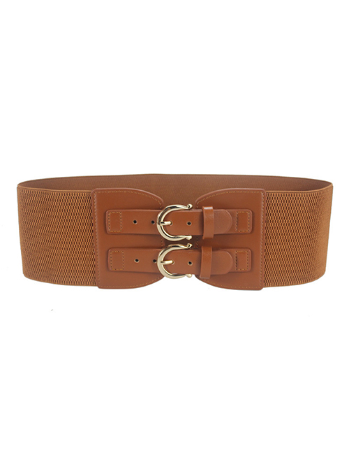 Fashion Camel Faux Leather Double Pin Buckle Wide Belt