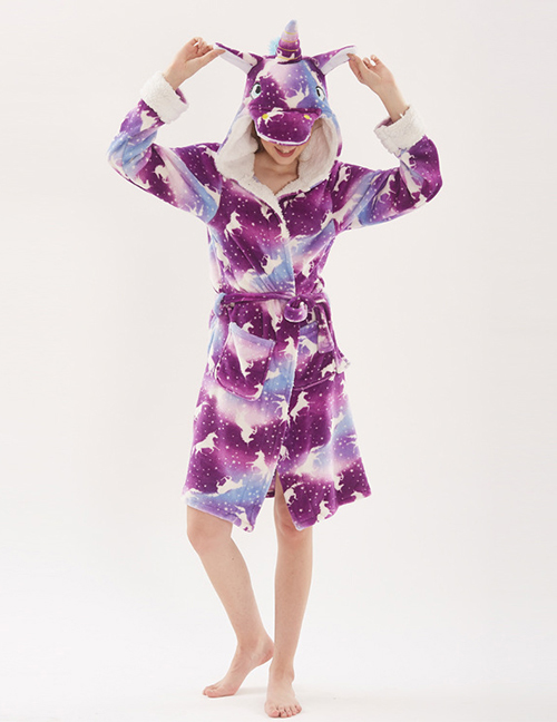 Fashion Purple Night Pegasus Bathrobe-2 Flannel Print Lace-up Bathrobe