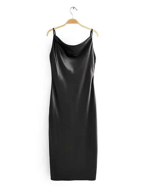 Fashion Black Satin Drop Collar Slip Dress