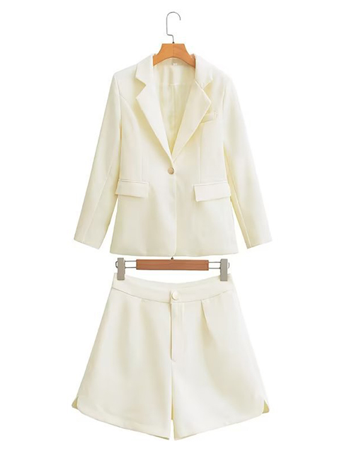 Fashion White Cotton Lapel Pocket Blazer Shorts Set