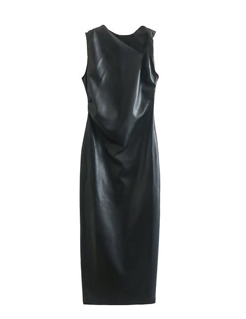 Fashion Black Pu Round Neck Sleeveless Dress
