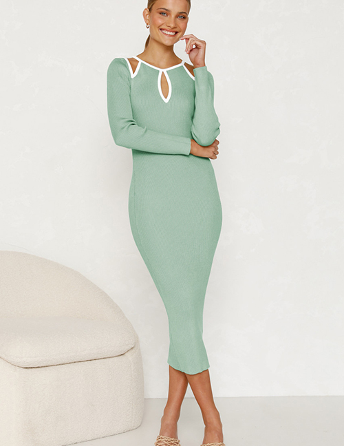 Fashion Green Spandex Ribbed Long Sleeve Dress