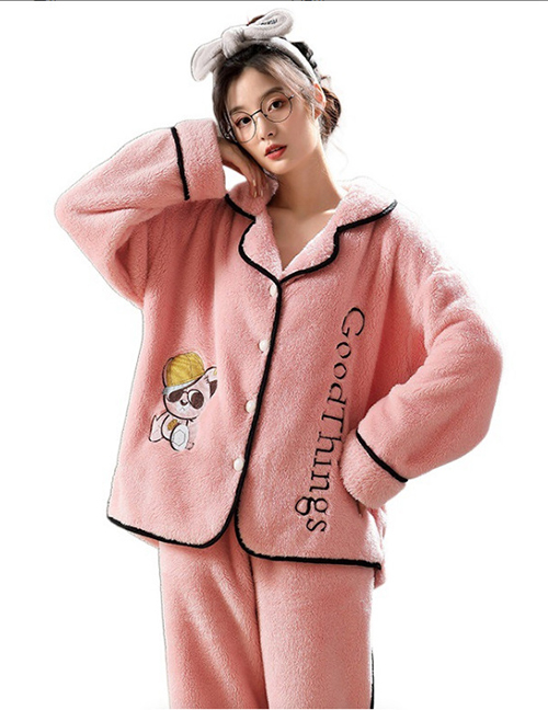 Fashion Pink Bear Embroidery Set Flannel Cartoon Pajama Set