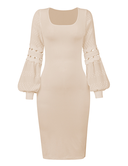 Fashion Apricot Balloon Sleeve Lace Cutout Long Sleeve Ribbed Slit Dress