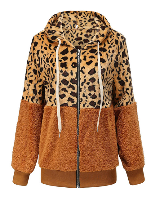 Fashion Khaki Leopard-painted Stand Collar Hooded Jacket  Flannel