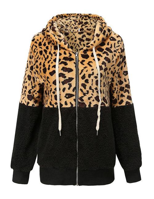 Fashion Black Leopard-painted Stand Collar Hooded Jacket  Flannel