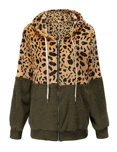 Fashion Army Green Leopard-painted Stand Collar Hooded Jacket  Flannel