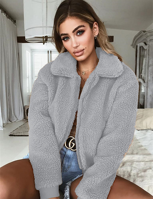 Fashion Grey Arctic Fleece Zip Lapel Jacket  Thickened Arctic Fleece