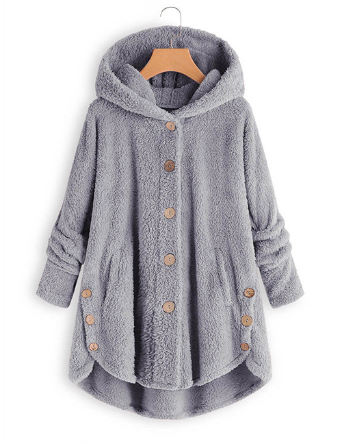 Fashion Grey Cashmere Breasted Hooded Curved Hem Coat  Cashmere