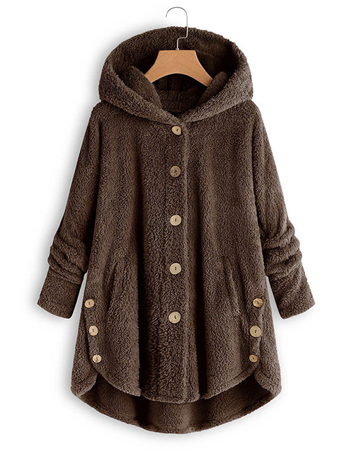Fashion Brown Cashmere Breasted Hooded Curved Hem Coat  Cashmere