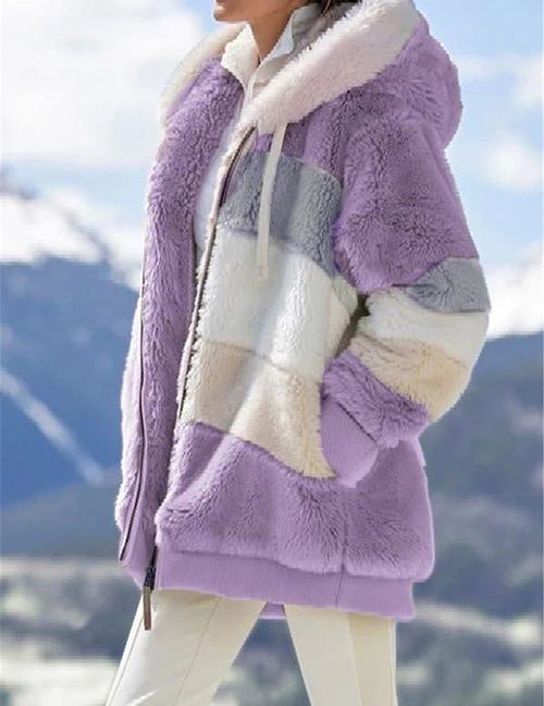 Fashion Purple Plush Multicolor Hooded Jacket  Polyester Fiber %28polyester%29