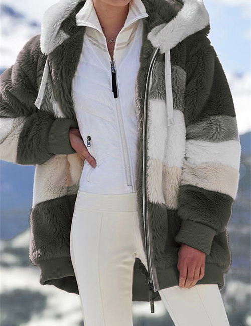 Fashion Armygreen Plush Multicolor Hooded Jacket  Polyester Fiber %28polyester%29