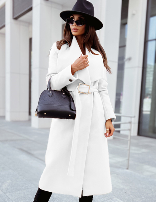 Fashion White Geometric Lapel Belted Coat