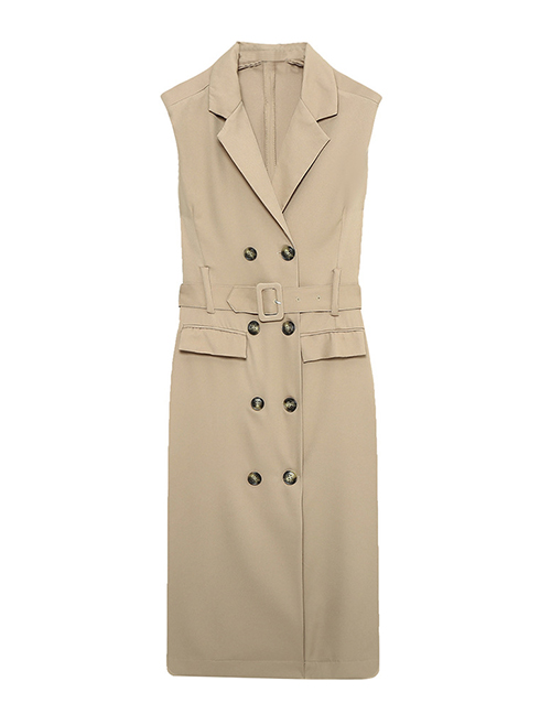 Fashion Khaki Polyester Double-breasted Belted Lapel Dress