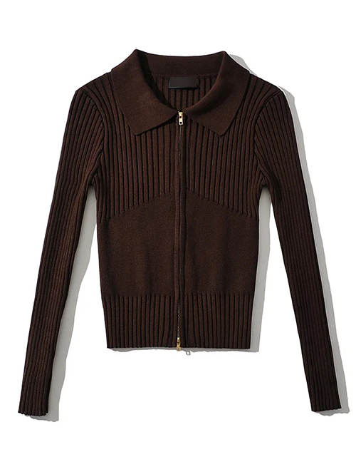 Fashion Dark Brown Lapel Knit Cardigan Jacket