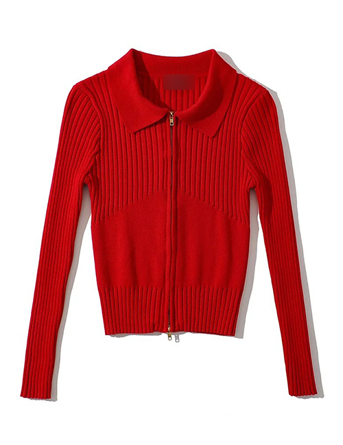 Fashion Big Red Lapel Knit Cardigan Jacket