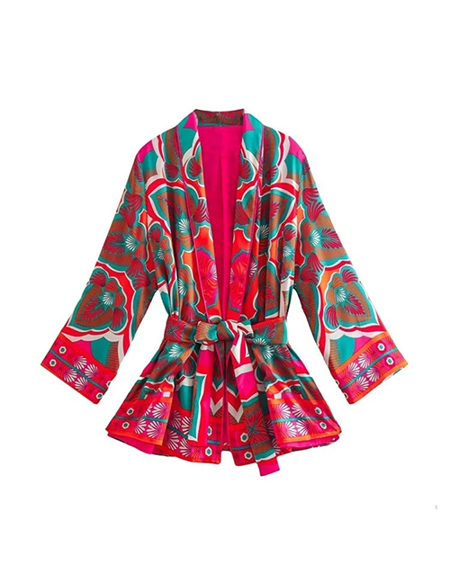 Fashion Kimono Jacket Polyester Lace-up Print Jacket