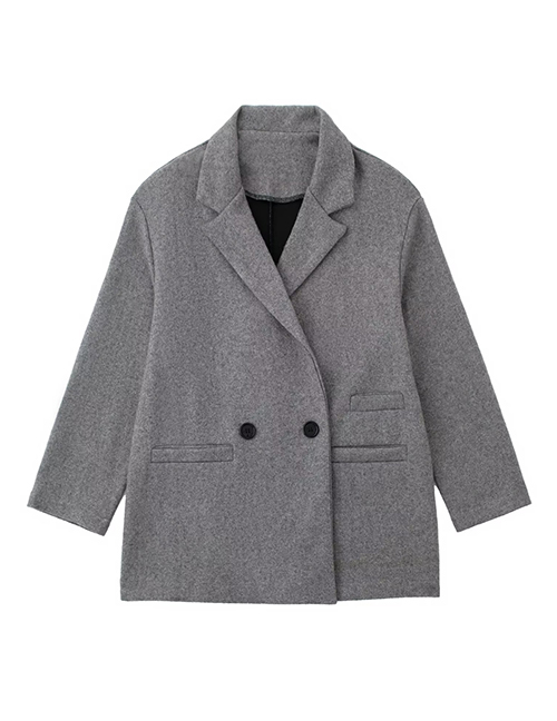 Fashion Grey Wool Double-breasted Pocket Blazer