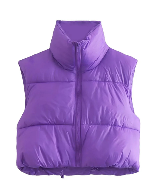 Fashion Purple Woven Stand Collar Zip Vest Jacket