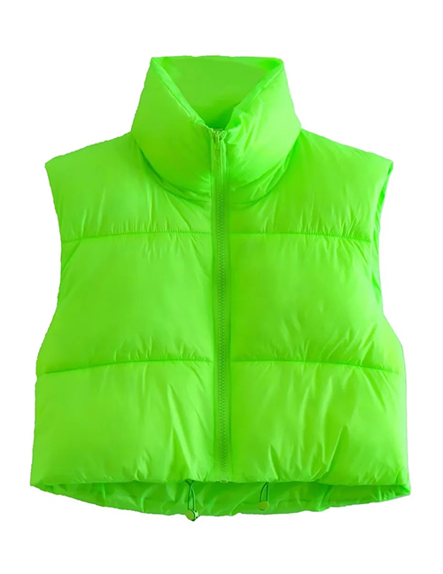 Fashion Fluorescent Green Woven Stand Collar Zip Vest Jacket