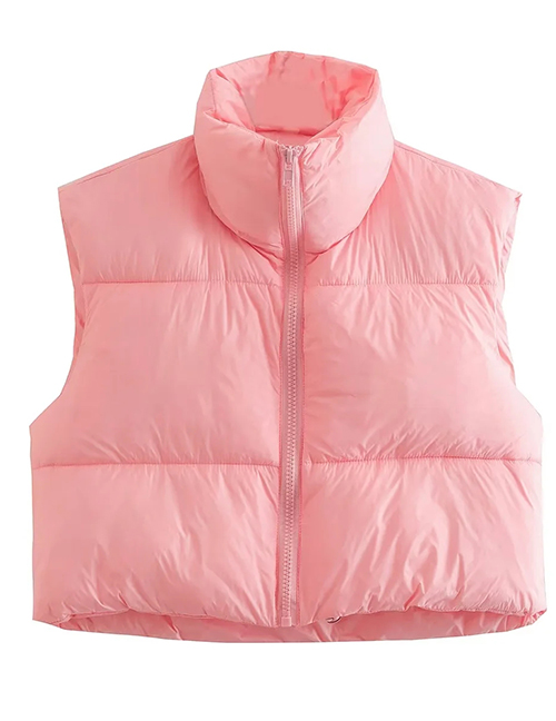Fashion Pink Woven Stand Collar Zip Vest Jacket