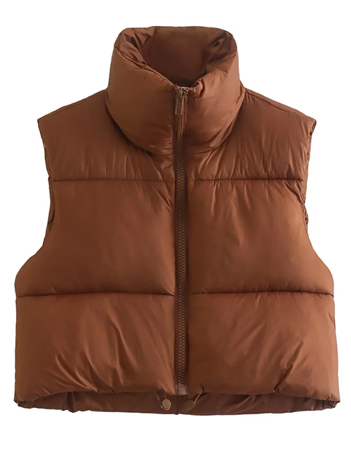 Fashion Light Brown Woven Stand Collar Zip Vest Jacket