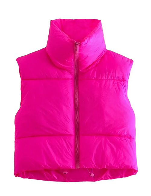 Fashion Rose Red Woven Stand Collar Zip Vest Jacket