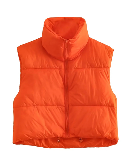 Fashion Orange Woven Stand Collar Zip Vest Jacket