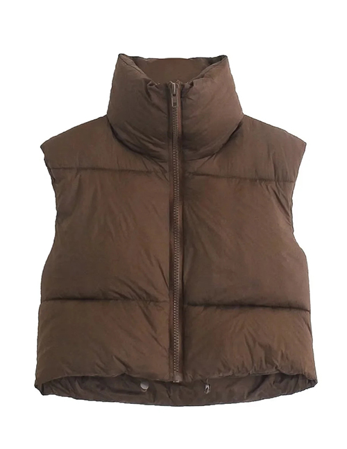 Fashion Brown Woven Stand Collar Zip Vest Jacket