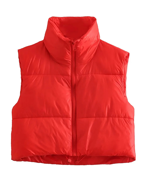 Fashion Big Red Woven Stand Collar Zip Vest Jacket