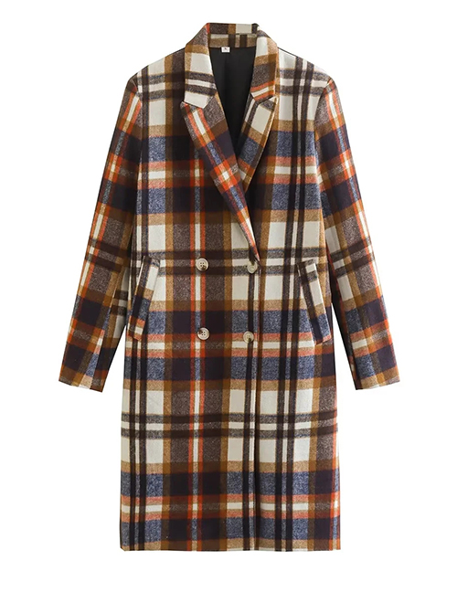 Fashion Brown Woven Check Lapel Double Breasted Coat