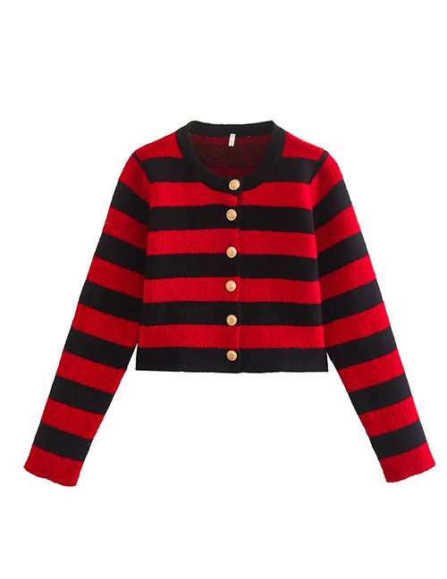 Fashion Red Black Knitted Button-down Striped Cardigan