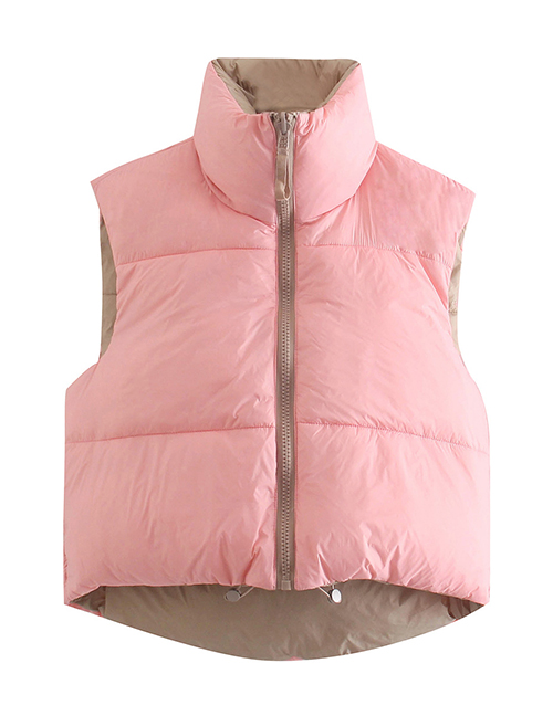 Fashion Pink Woven Zip Stand Collar Vest Jacket