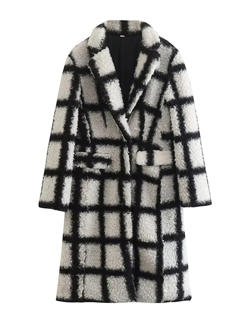 Fashion Black And White Woven Check Lapel Coat