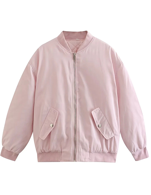 Fashion Pink Woven Stand Collar Zip Jacket