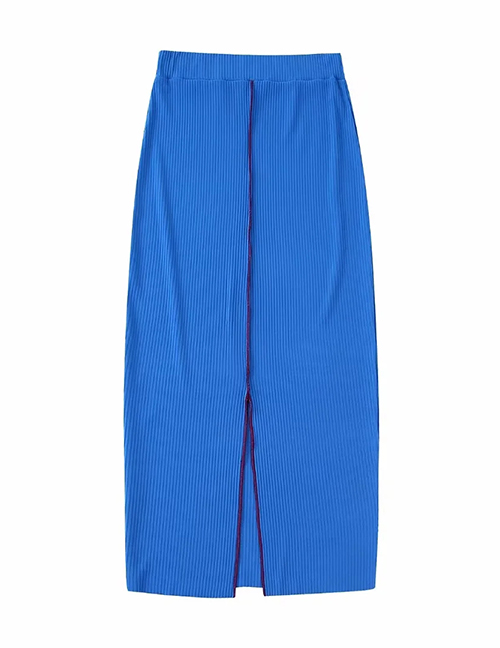 Fashion Blue Rib Knit Slit Skirt