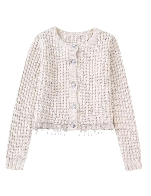 Fashion Beige Button-down Cardigan With Wool Knit Fringe